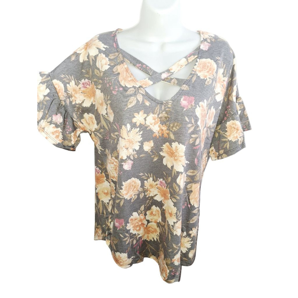 7th Ray Gray Floral Short Sleeve Tee M super soft stretch nwt bloomcore